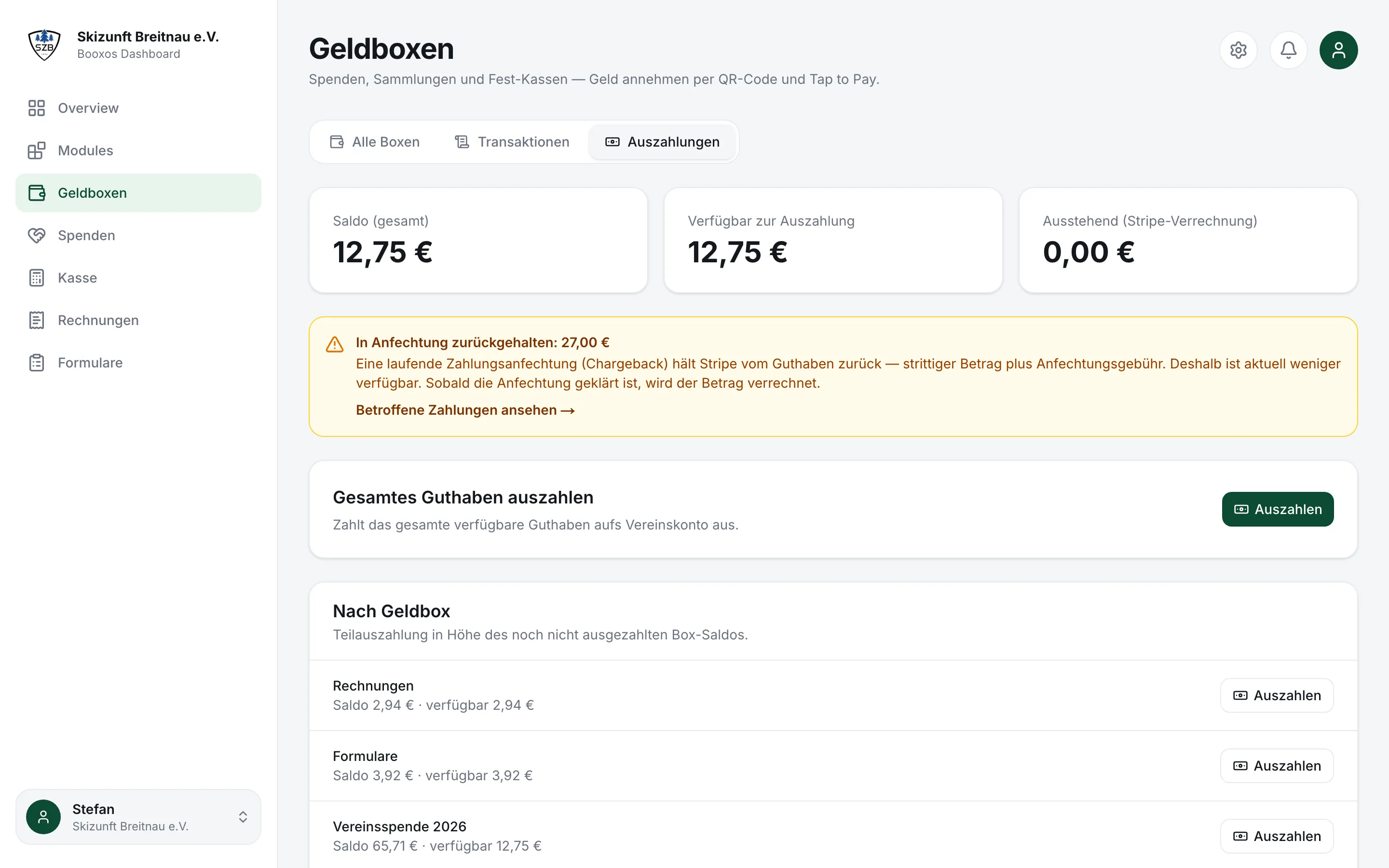 Reiter Auszahlungen mit verfügbarem Guthaben und der Aufstellung nach Geldbox