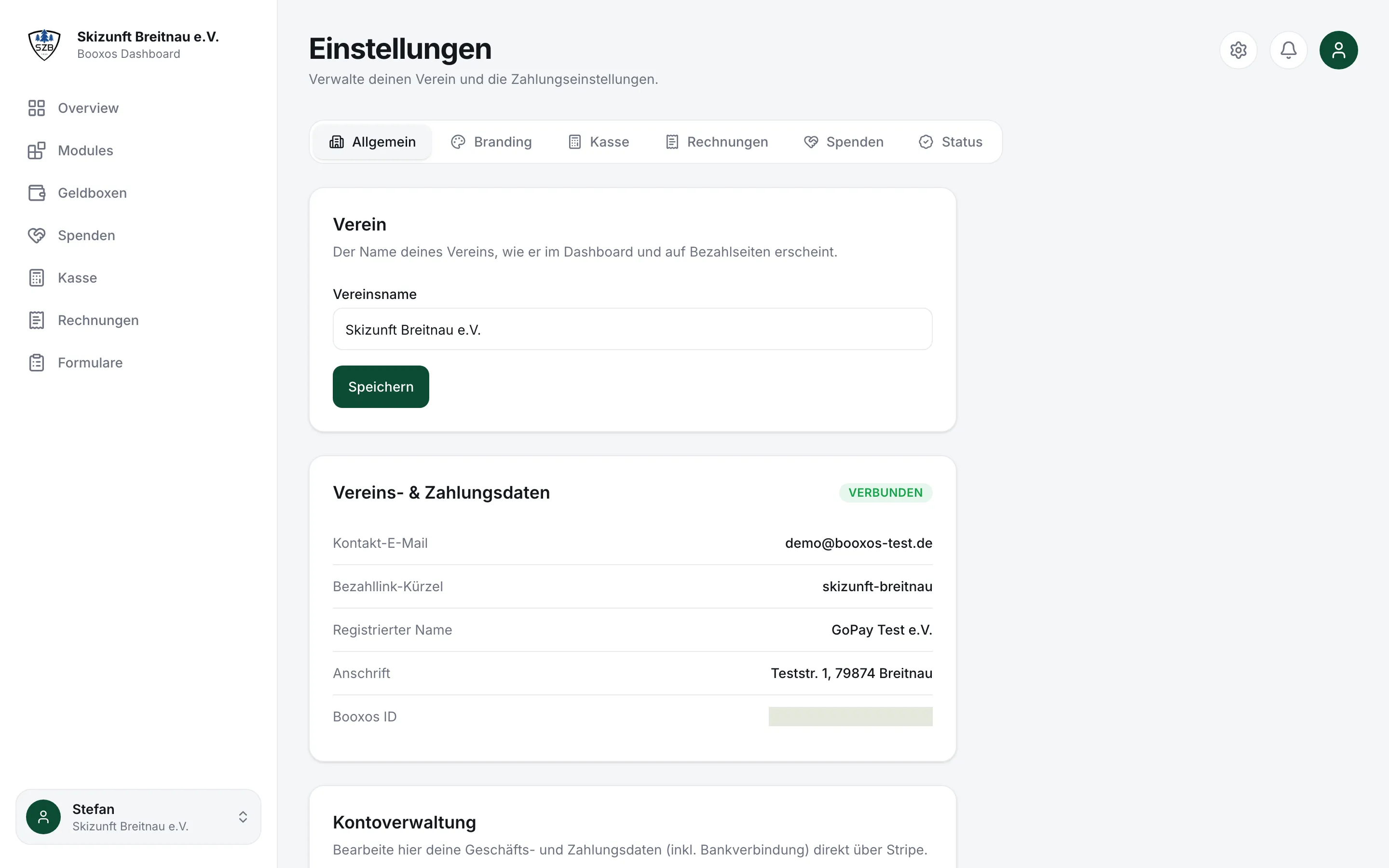 Einstellungen, Reiter Allgemein mit Vereins- und Zahlungsdaten sowie der Kontoverwaltung