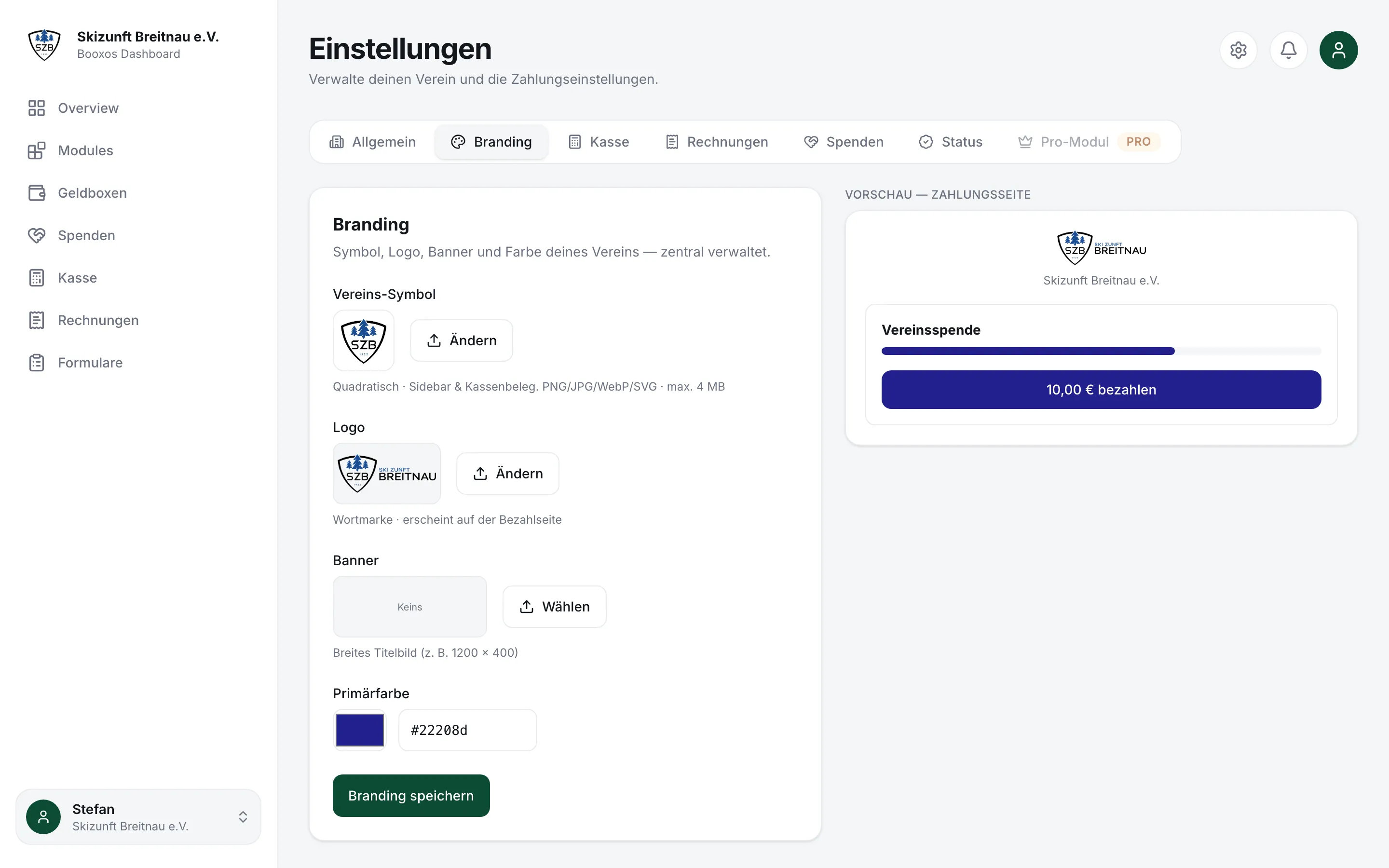 Einstellungen, Reiter Branding mit Vereins-Symbol, Logo, Banner und Primärfarbe