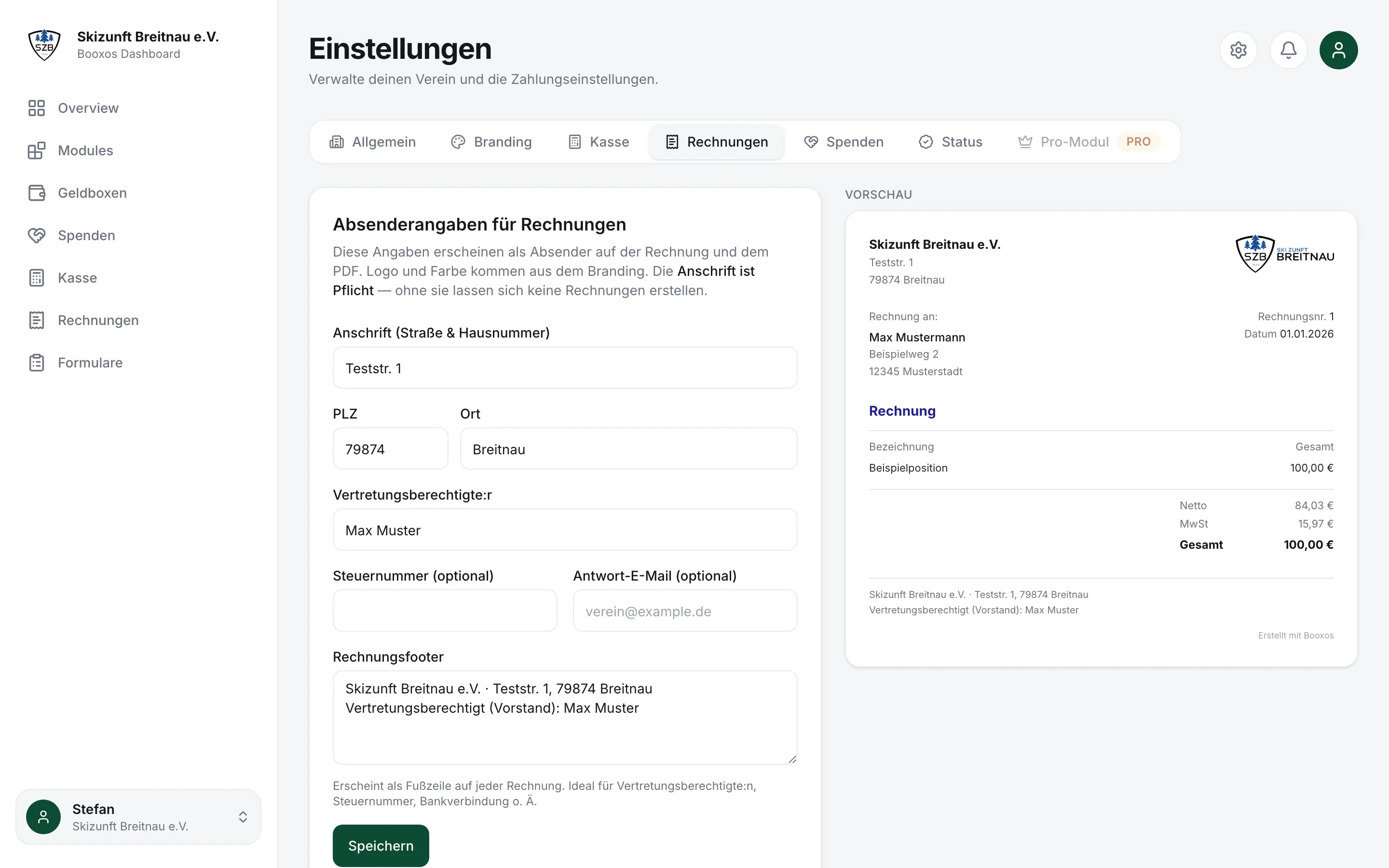 Einstellungen, Reiter Rechnungen mit Absenderangaben und Rechnungsfooter