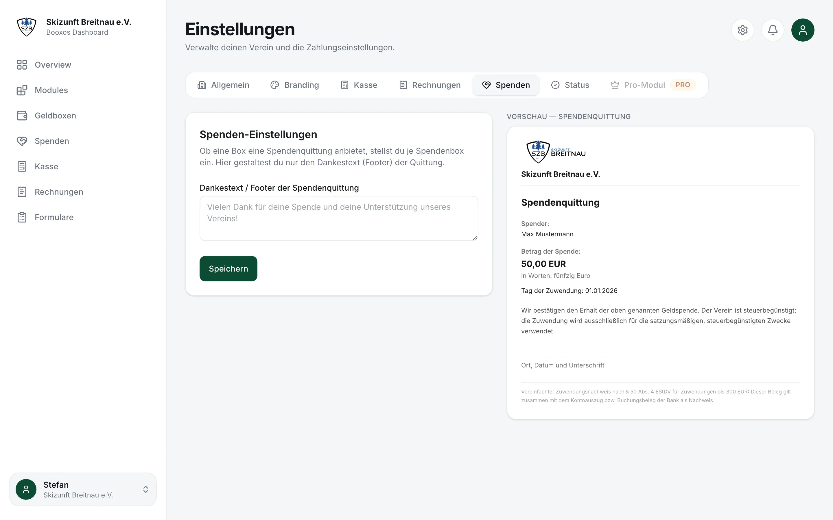 Einstellungen, Reiter Spenden mit der Vorschau der Zuwendungsbestätigung