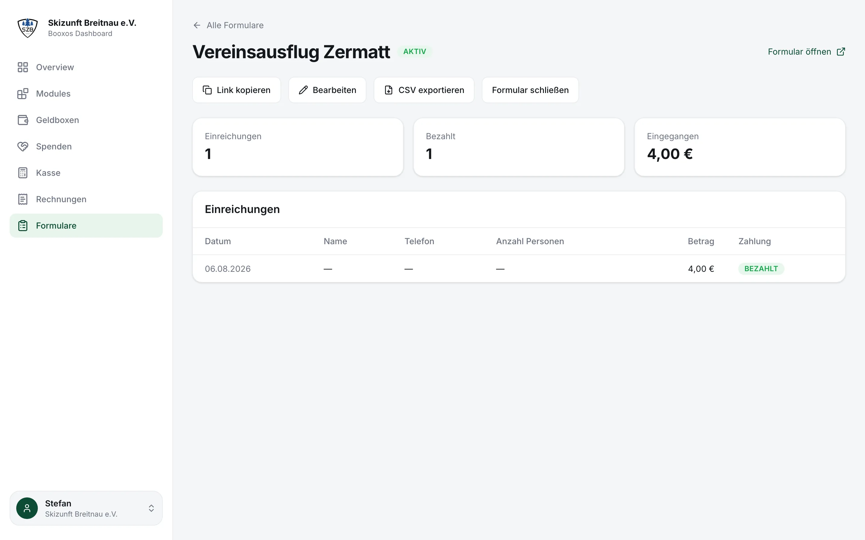 Formulardetail mit der Tabelle der Einreichungen und dem Zahlungsstatus