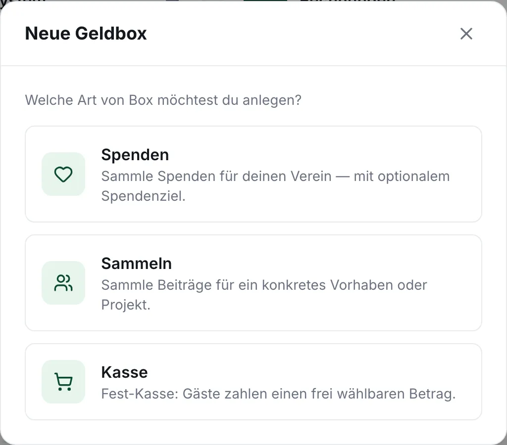 Dialog „Neue Geldbox“ mit den drei Arten Spenden, Sammeln und Kasse