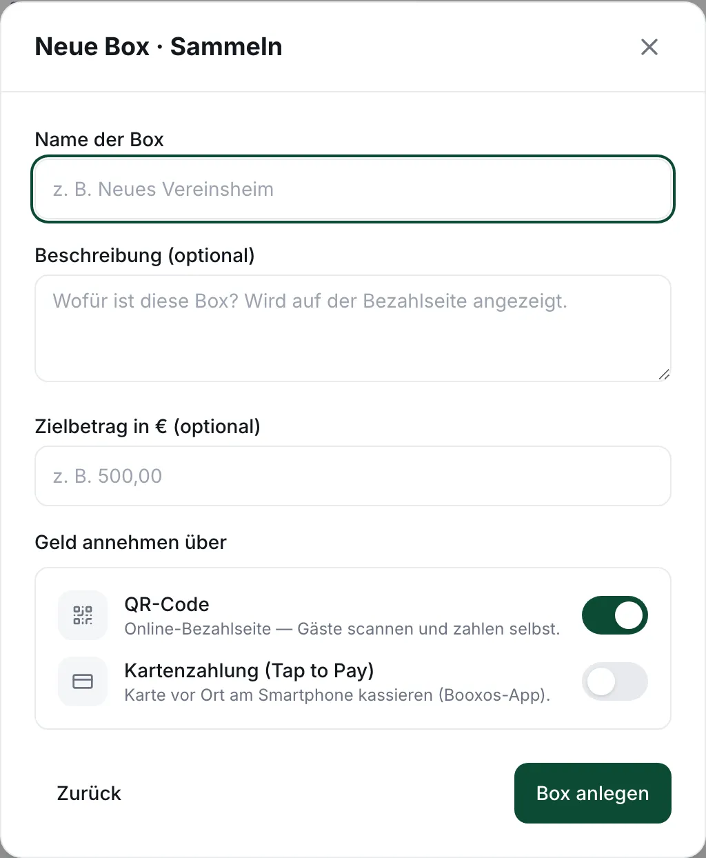 Formular einer Geldbox mit Zielbetrag und den Zahlarten QR-Code und Kartenzahlung