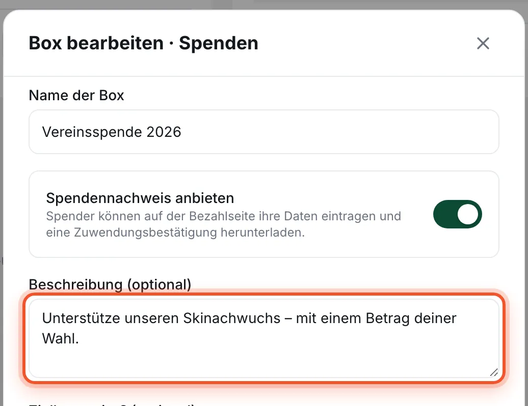 Feld „Beschreibung (optional)“ im Dialog „Box bearbeiten“