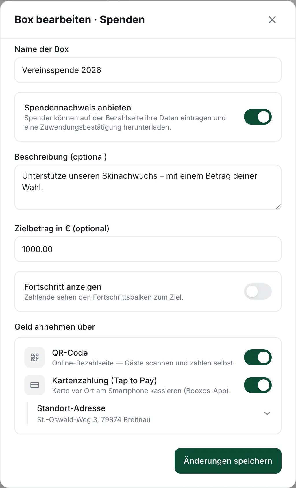 Dialog „Box bearbeiten“ einer Spendenbox mit allen Einstellungen