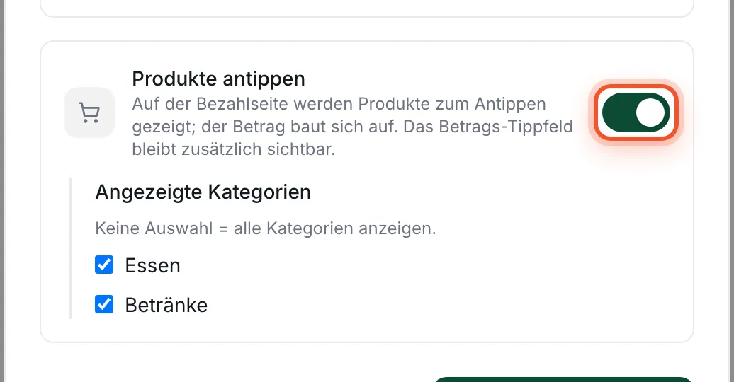 Schalter „Produkte antippen“ mit Auswahl der Kategorien