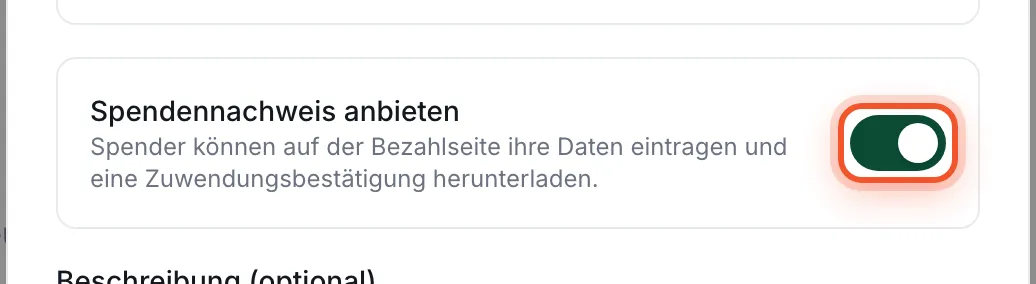 Schalter „Spendennachweis anbieten“ im Dialog „Box bearbeiten“