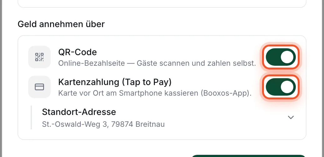 Abschnitt „Geld annehmen über“ mit den Schaltern QR-Code und Kartenzahlung