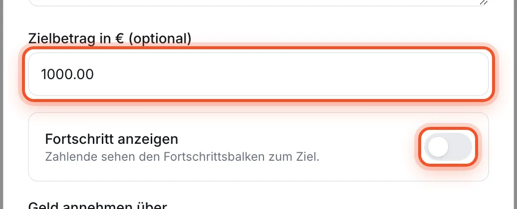 Zielbetrag und Schalter „Fortschritt anzeigen“ im Dialog „Box bearbeiten“