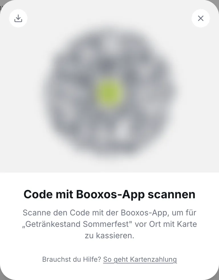 Fenster „Code mit Booxos-App scannen“ mit dem Helfer-Code (hier unkenntlich gemacht)