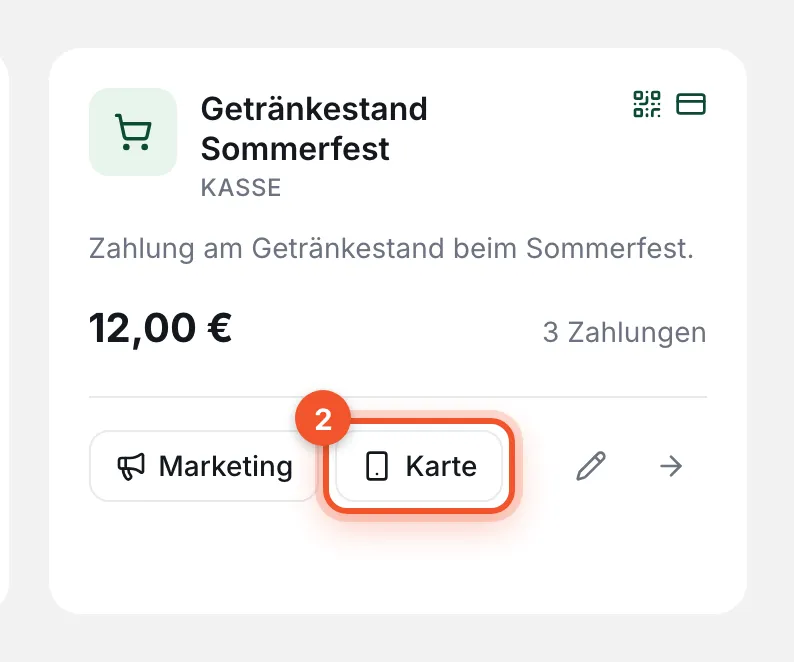 Kachel einer Geldbox mit markiertem Knopf „Karte“