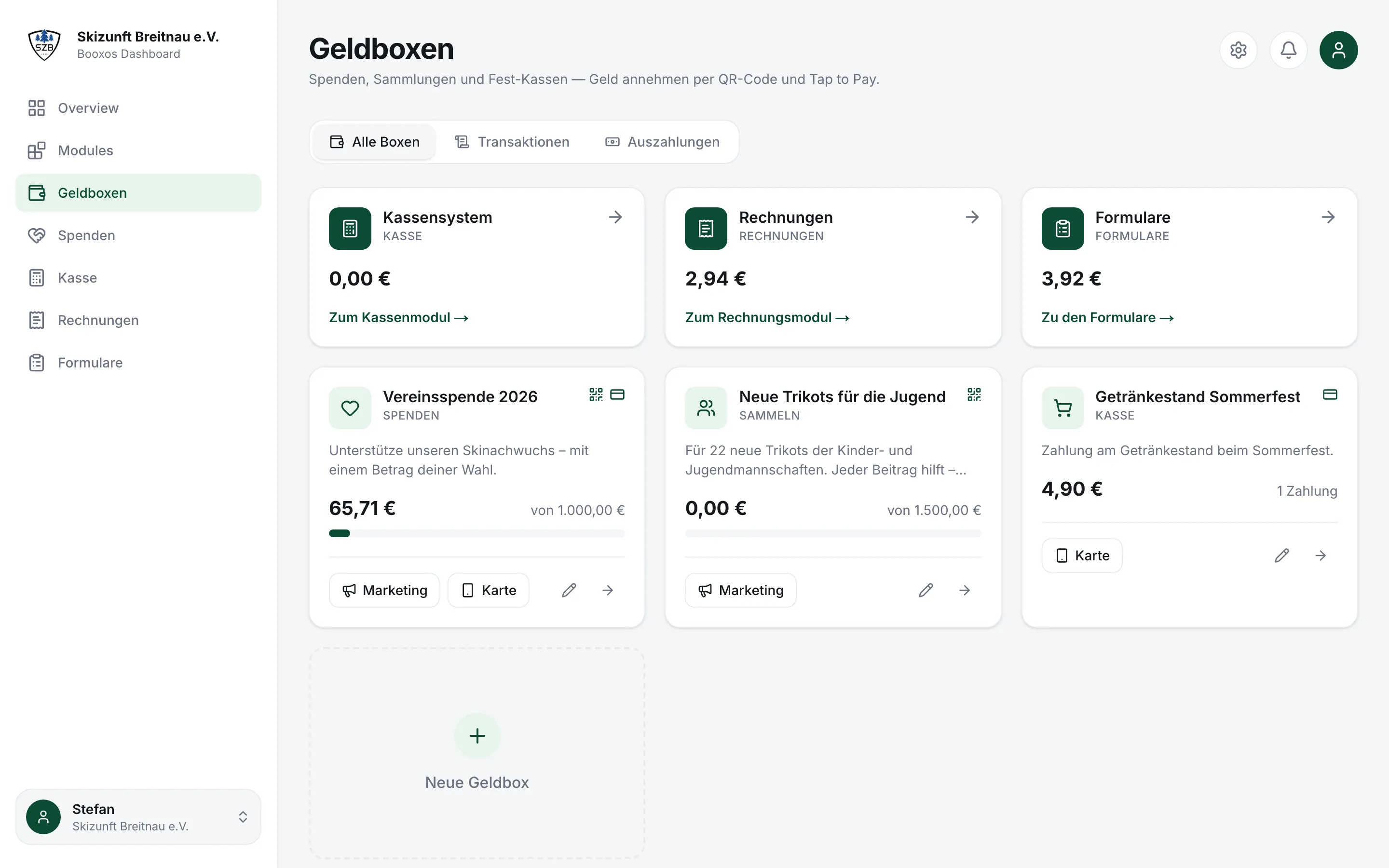 Übersicht der Geldboxen mit dem Button „Neue Geldbox“