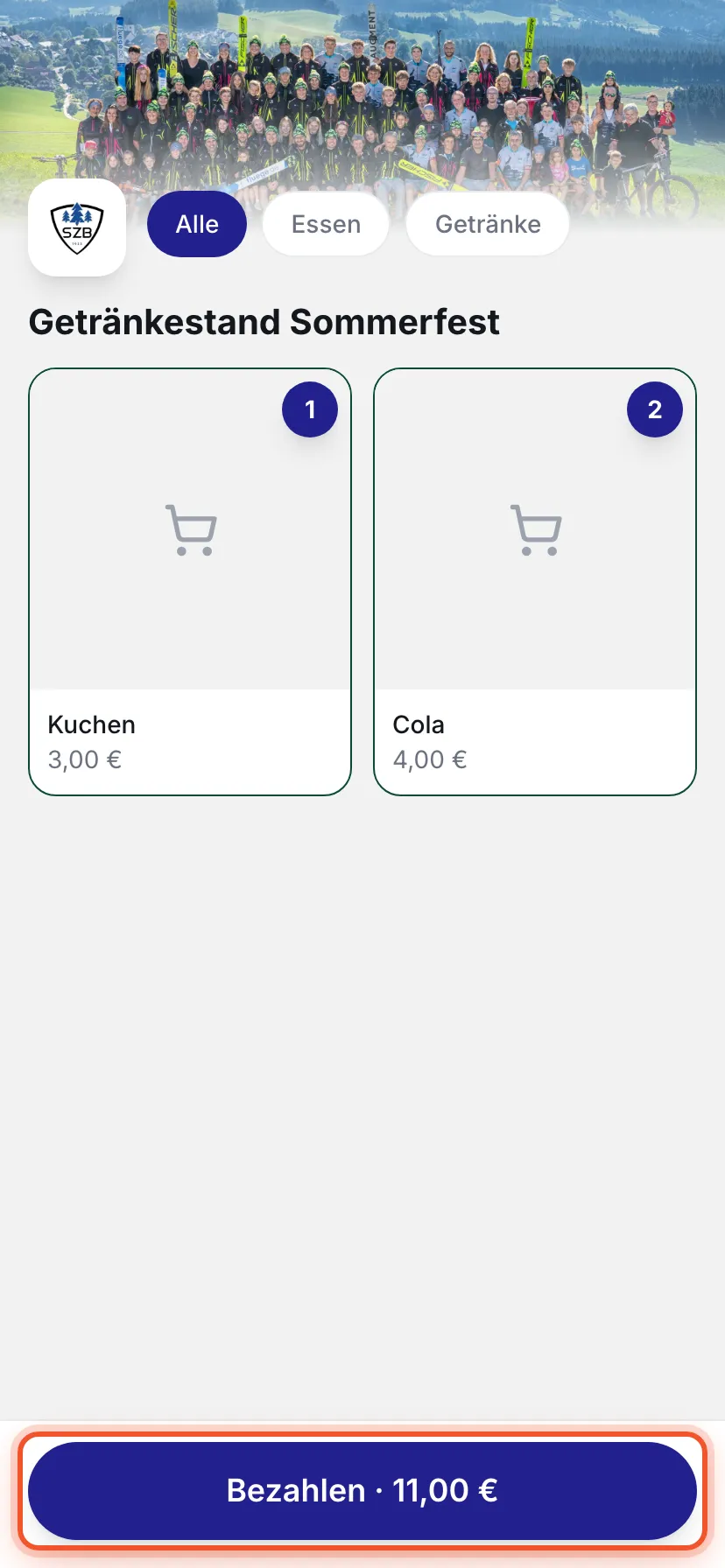 Bezahlseite auf dem Handy: Produkte angetippt, der Knopf „Bezahlen“ zeigt die Summe