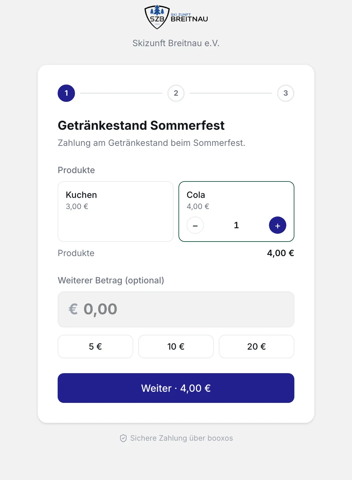 Bezahlseite am Computer: Bereich „Produkte“ mit Plus und Minus und Feld „Weiterer Betrag (optional)“