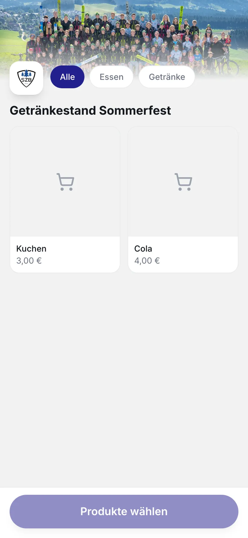Bezahlseite auf dem Handy: Produkte zum Antippen mit Kategorie-Knöpfen