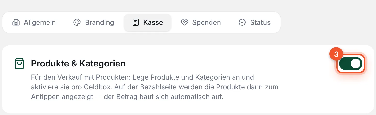 Reiter „Kasse“: Karte „Produkte & Kategorien“ mit markiertem Schalter