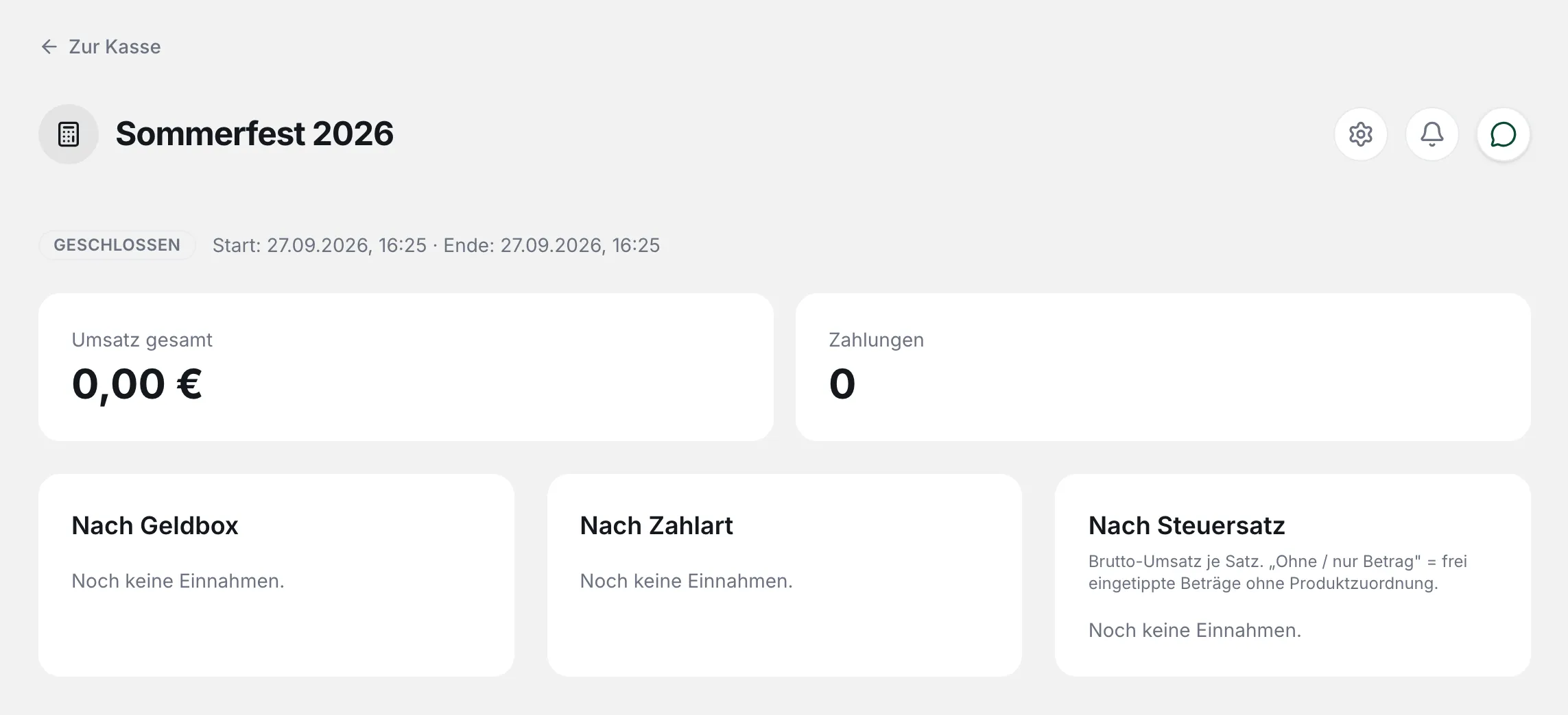 Fest-Auswertung mit Umsatz gesamt, Zahlungen und den Karten Nach Geldbox, Nach Zahlart und Nach Steuersatz