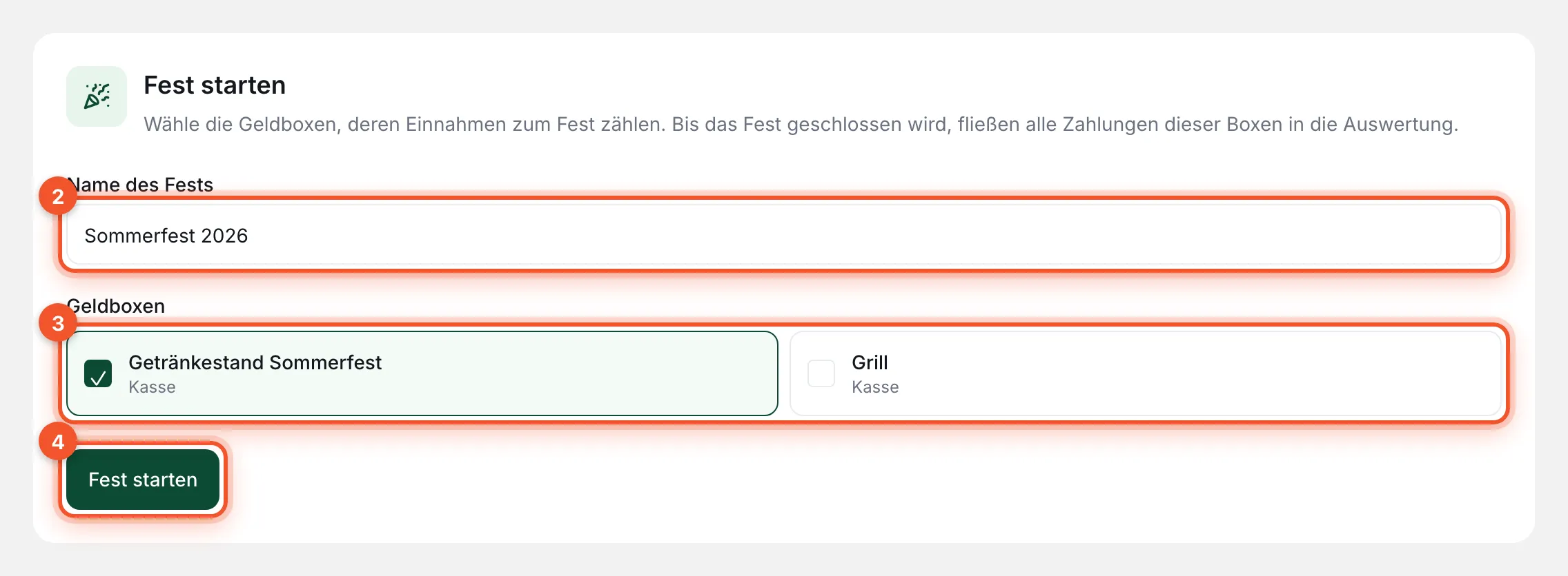 Karte „Fest starten“: Name des Fests, Auswahl der Kassen-Boxen und Knopf „Fest starten“