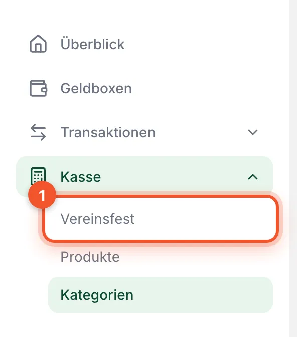 Seitenleiste: unter „Kasse“ ist „Vereinsfest“ markiert