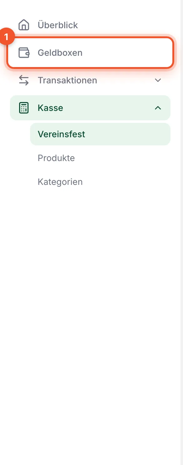 Seitenleiste mit markiertem Menüpunkt „Geldboxen“