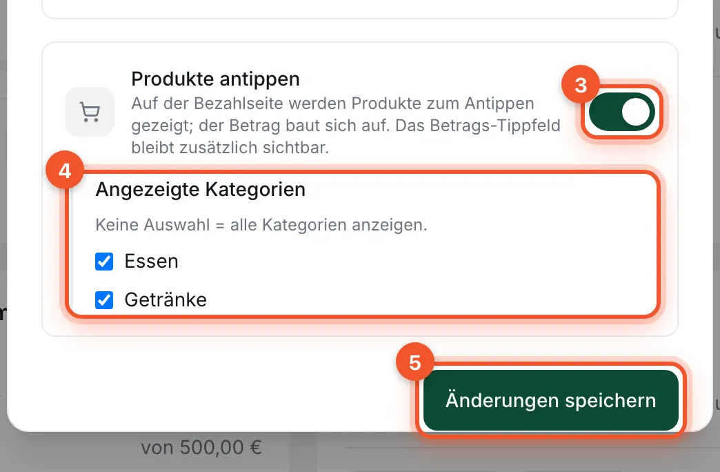 Fenster „Box bearbeiten“: Schalter „Produkte antippen“, Angezeigte Kategorien und „Änderungen speichern“