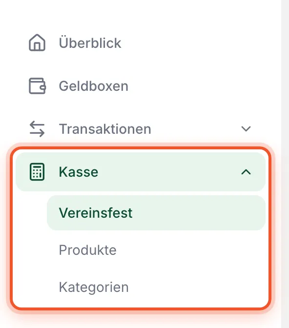 Seitenleiste mit dem Menüpunkt „Kasse“ und den Unterpunkten Vereinsfest, Produkte und Kategorien