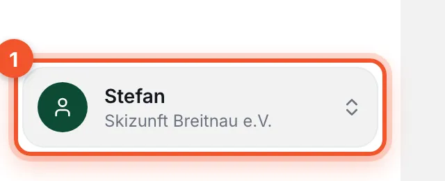 Unten links in der Seitenleiste: die Karte mit deinem Vornamen und dem Vereinsnamen ist markiert