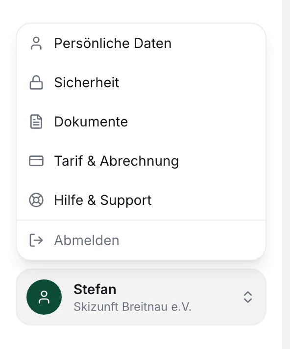 Geöffnetes Konto-Menü unten links mit Persönliche Daten, Sicherheit, Dokumente, Tarif & Abrechnung, Hilfe & Support und Abmelden