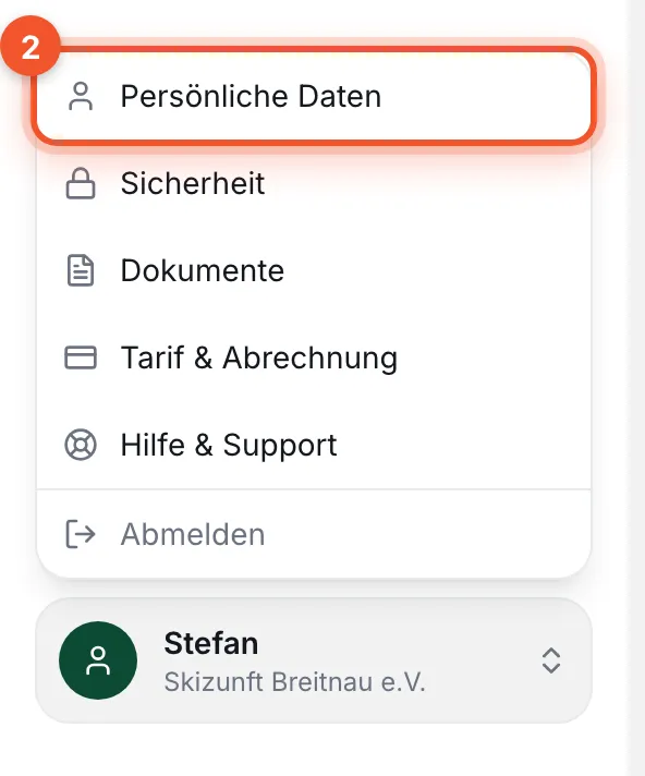 Geöffnetes Konto-Menü; der Eintrag „Persönliche Daten“ ist markiert