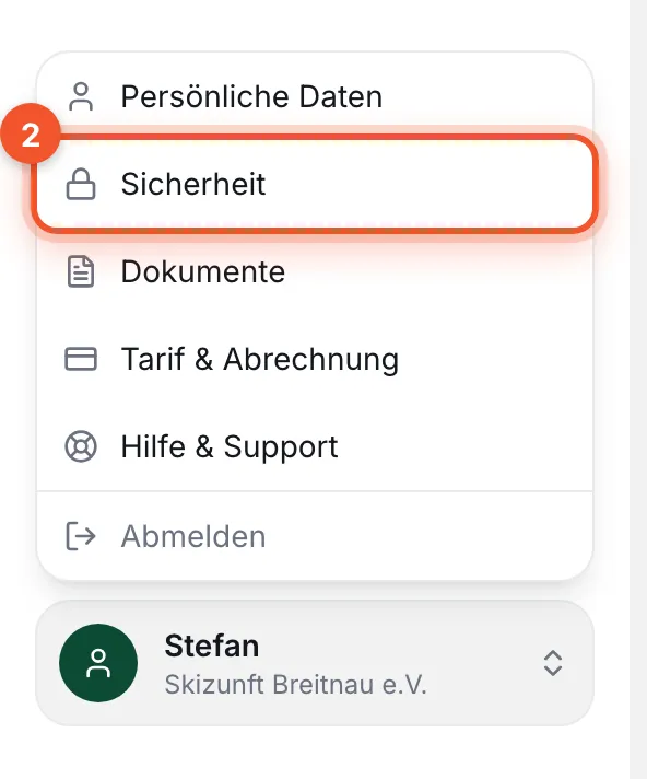 Geöffnetes Konto-Menü; der Eintrag „Sicherheit“ ist markiert