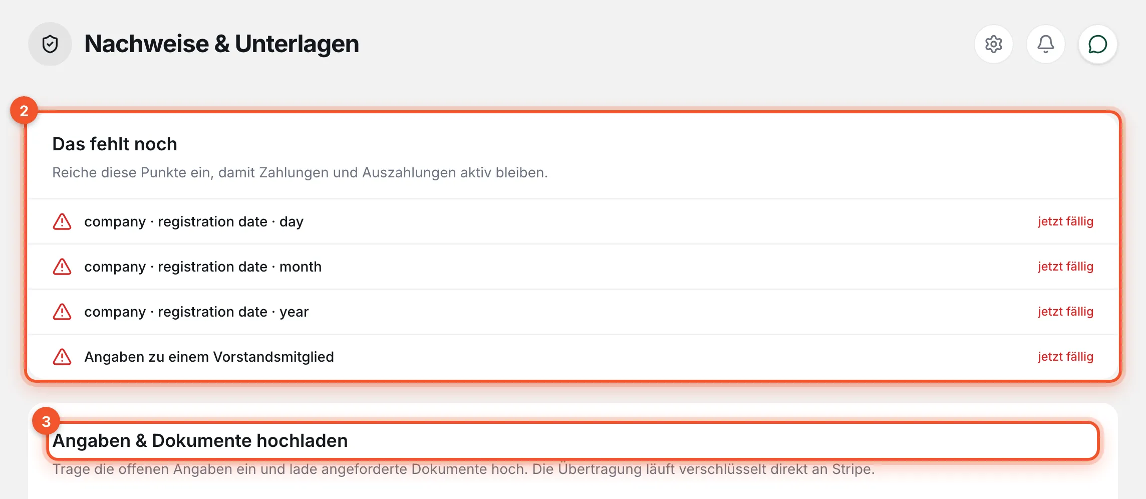 Seite „Nachweise & Unterlagen“ mit der Liste „Das fehlt noch“ und darunter dem Bereich „Angaben & Dokumente hochladen“