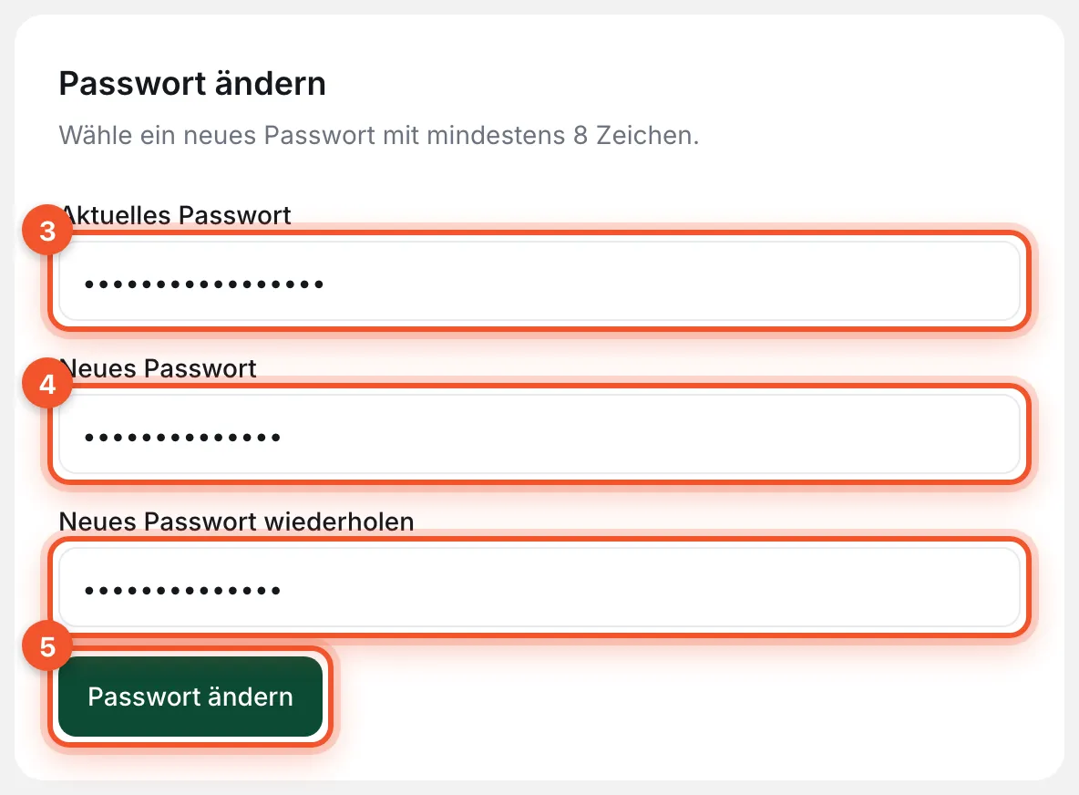 Mein Profil, Reiter Sicherheit: Karte „Passwort ändern“ mit den drei Passwortfeldern und dem Knopf „Passwort ändern“