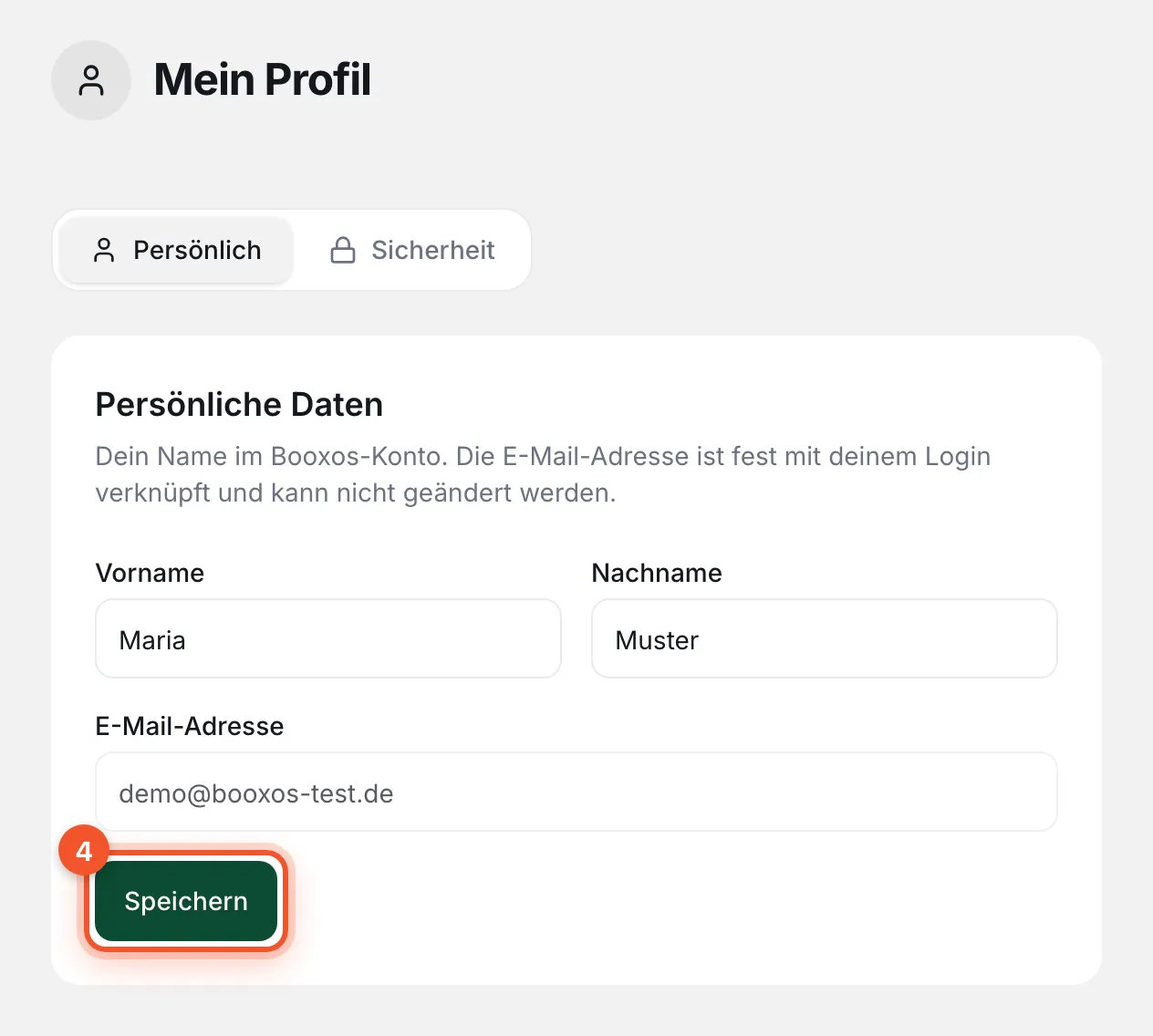 Mein Profil, Reiter Persönlich: Vorname, Nachname und die ausgegraute E-Mail-Adresse, darunter „Speichern“
