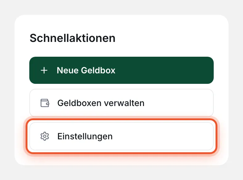 Karte „Schnellaktionen“ auf dem Dashboard mit dem Knopf „Einstellungen“