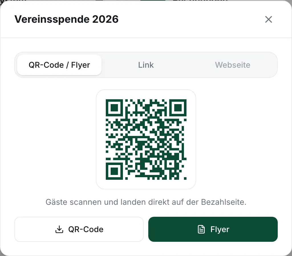 Marketing-Dialog einer Geldbox mit QR-Code, Flyer und Link zum Kopieren