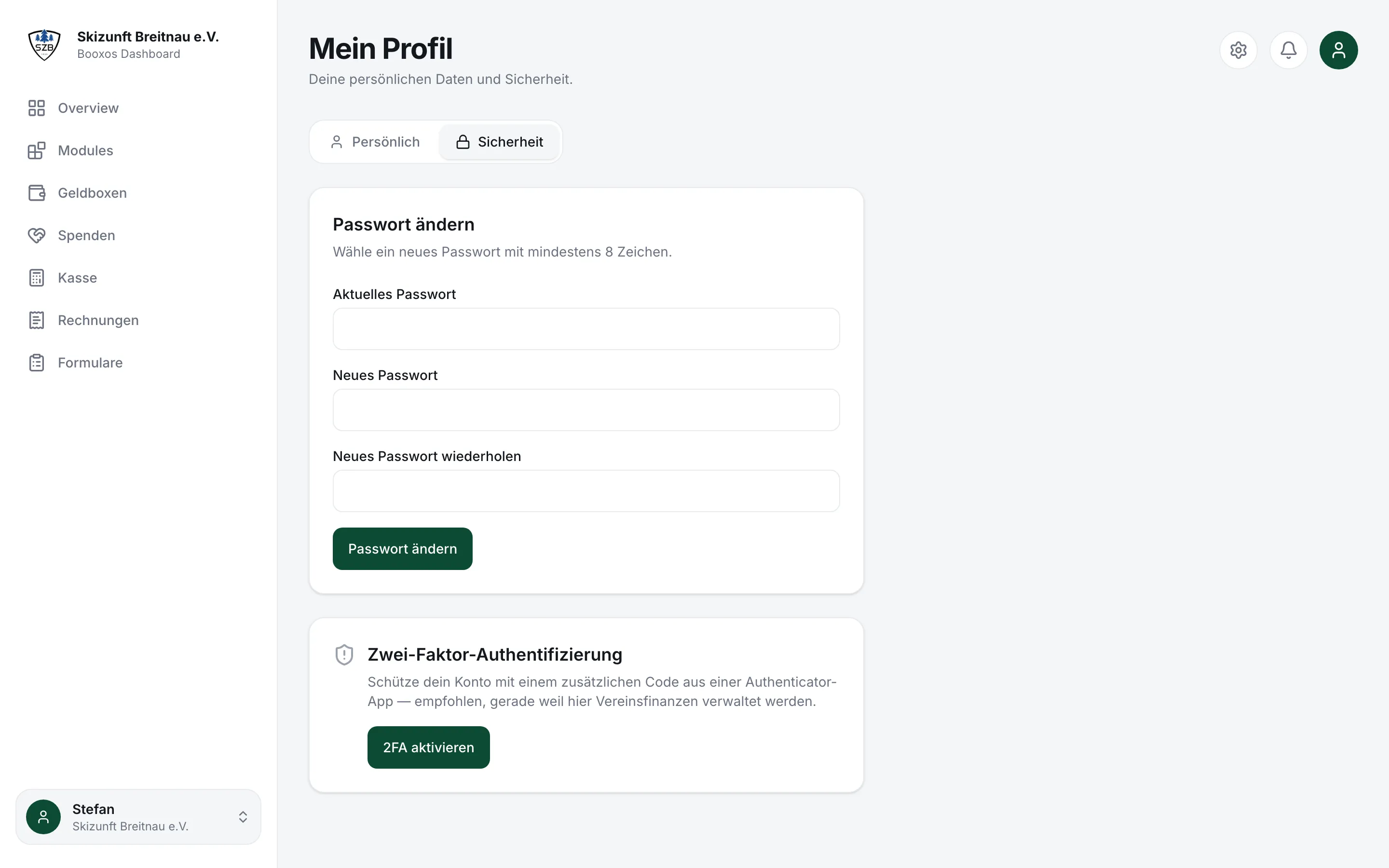 Profil, Reiter Sicherheit mit Passwortänderung und Zwei-Faktor-Authentifizierung