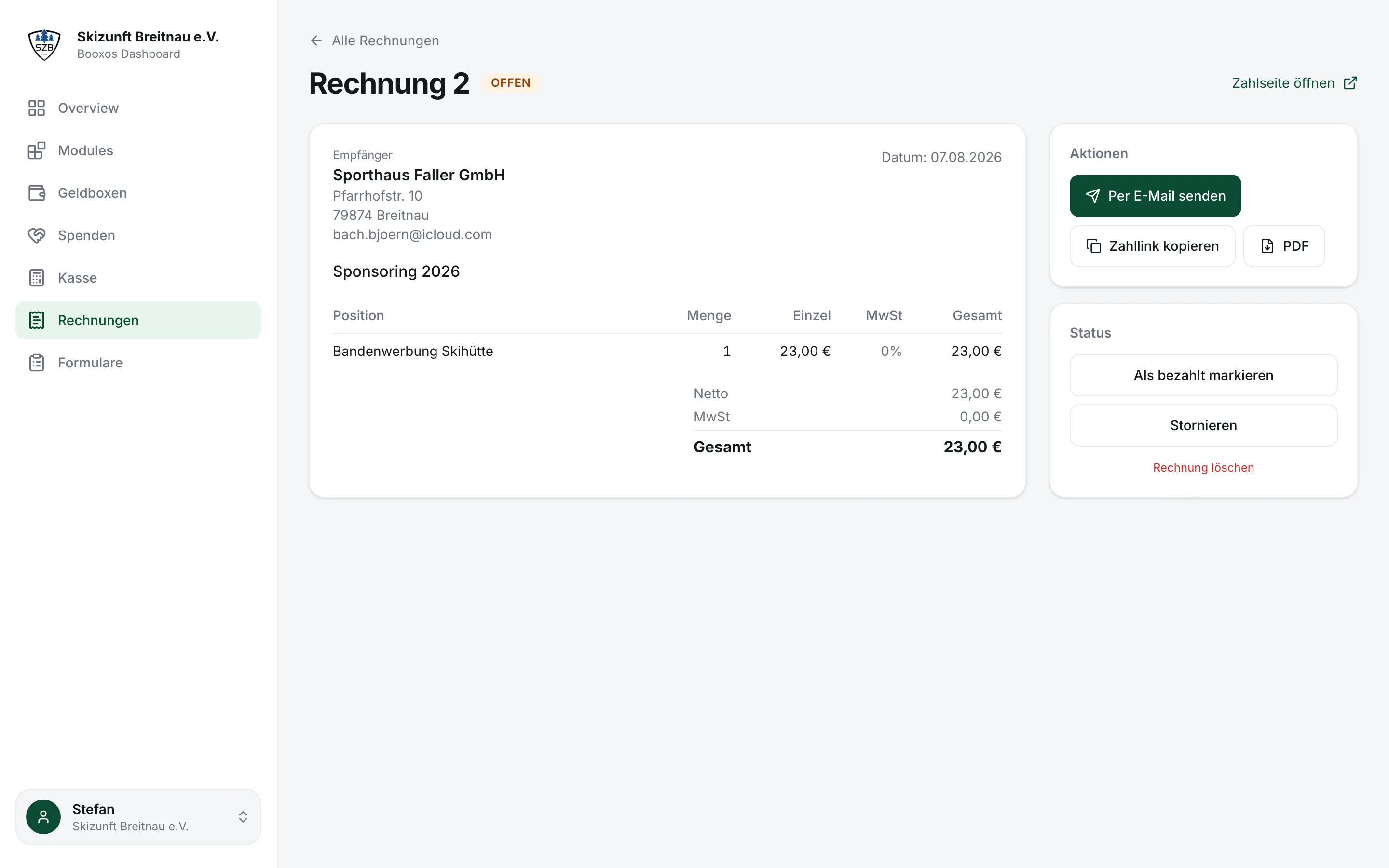 Rechnungsdetail mit den Aktionen Per E-Mail senden und Zahllink kopieren