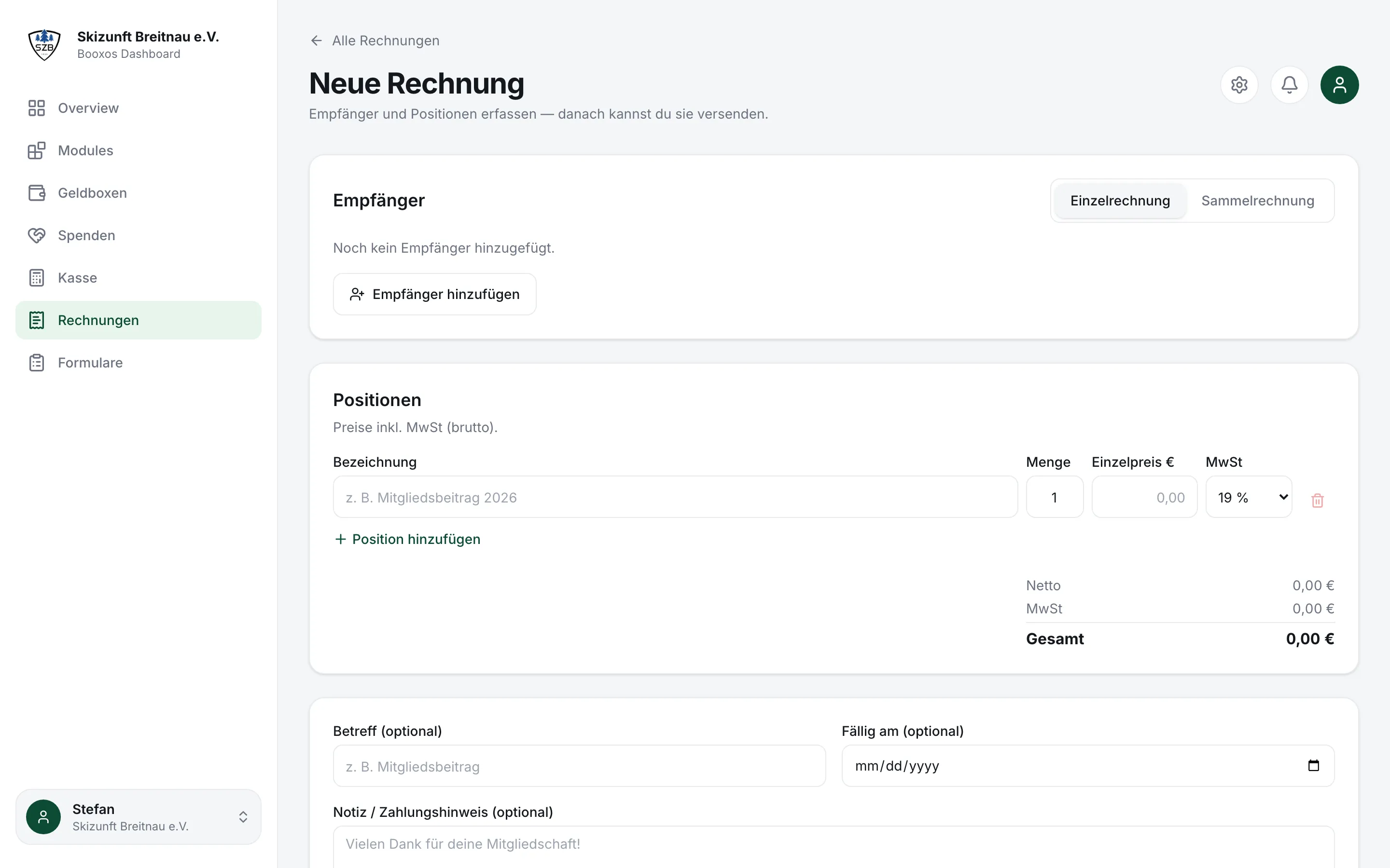 Formular „Neue Rechnung“ mit Empfänger und Positionen