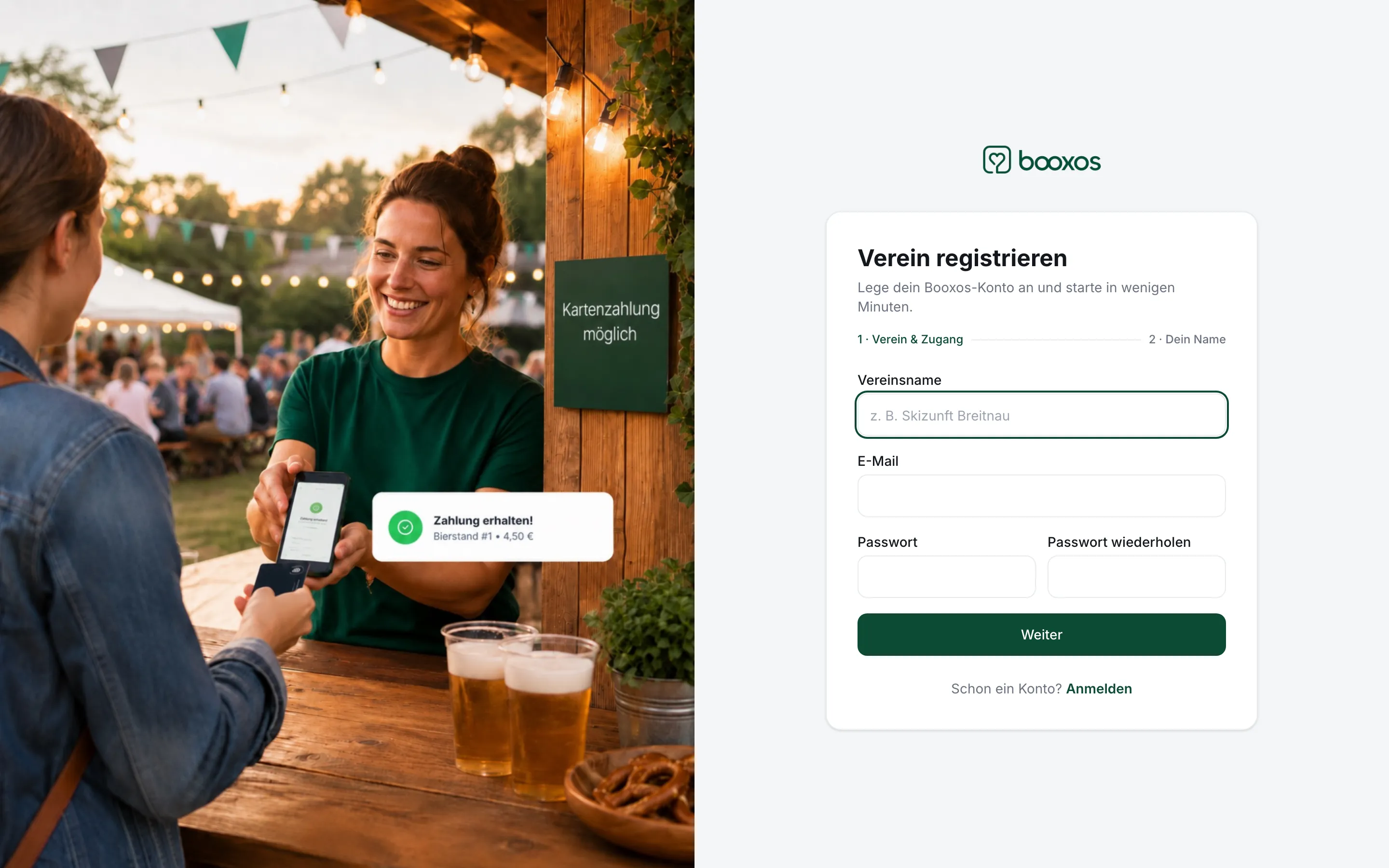 Registrierungsformular mit den Feldern Vereinsname, Name, E-Mail und Passwort
