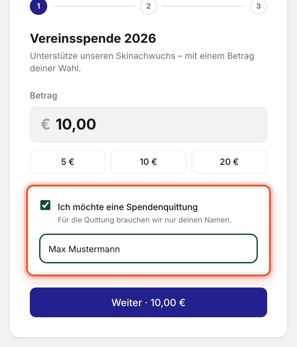 Bezahlseite der Spenden-Box am Computer mit dem Häkchen „Ich möchte eine Spendenquittung“ und dem Namensfeld