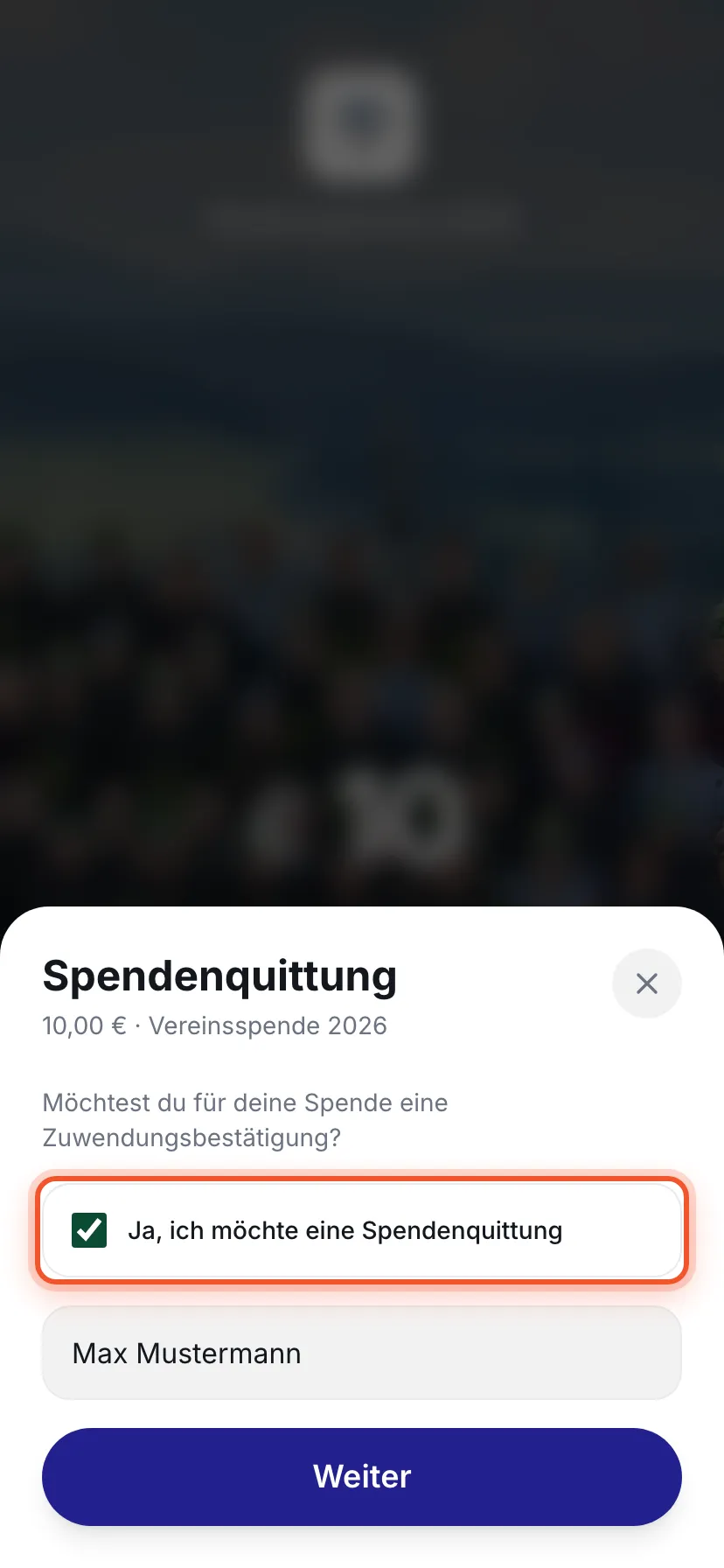 Bezahlseite auf dem Handy: Fenster „Spendenquittung“ mit „Ja, ich möchte eine Spendenquittung“ und dem Namensfeld