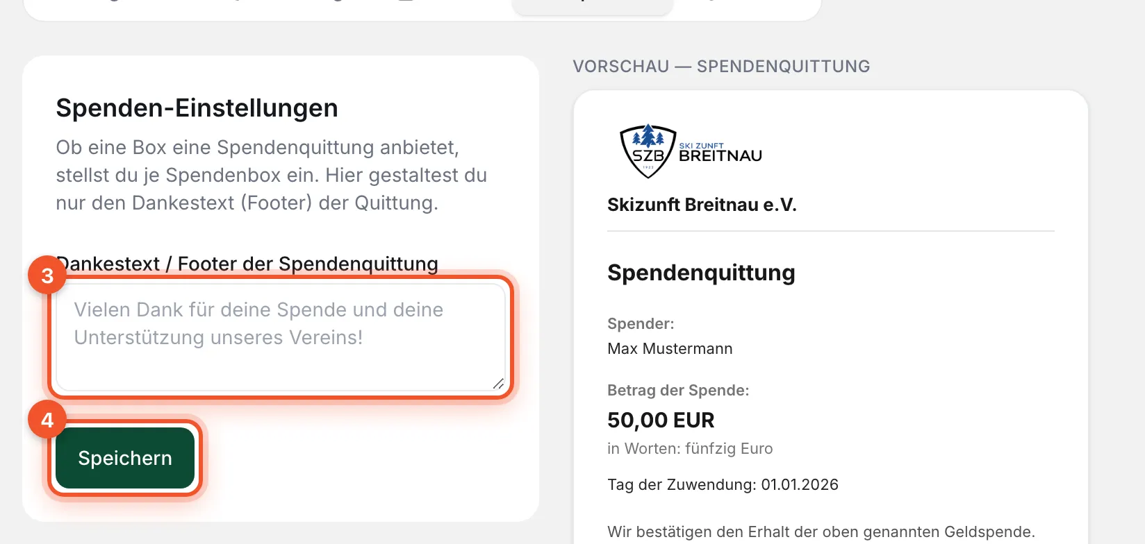 Reiter „Spenden“ mit dem Feld „Dankestext / Footer der Spendenquittung“ und der Vorschau