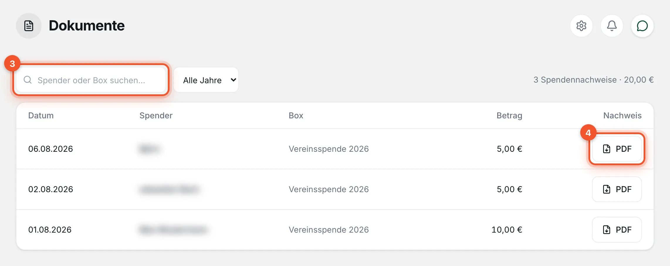Seite „Dokumente“ mit Suchfeld, Jahresauswahl und der Liste der Spendennachweise