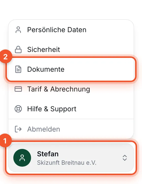 Konto-Menü unten links geöffnet, „Dokumente“ markiert