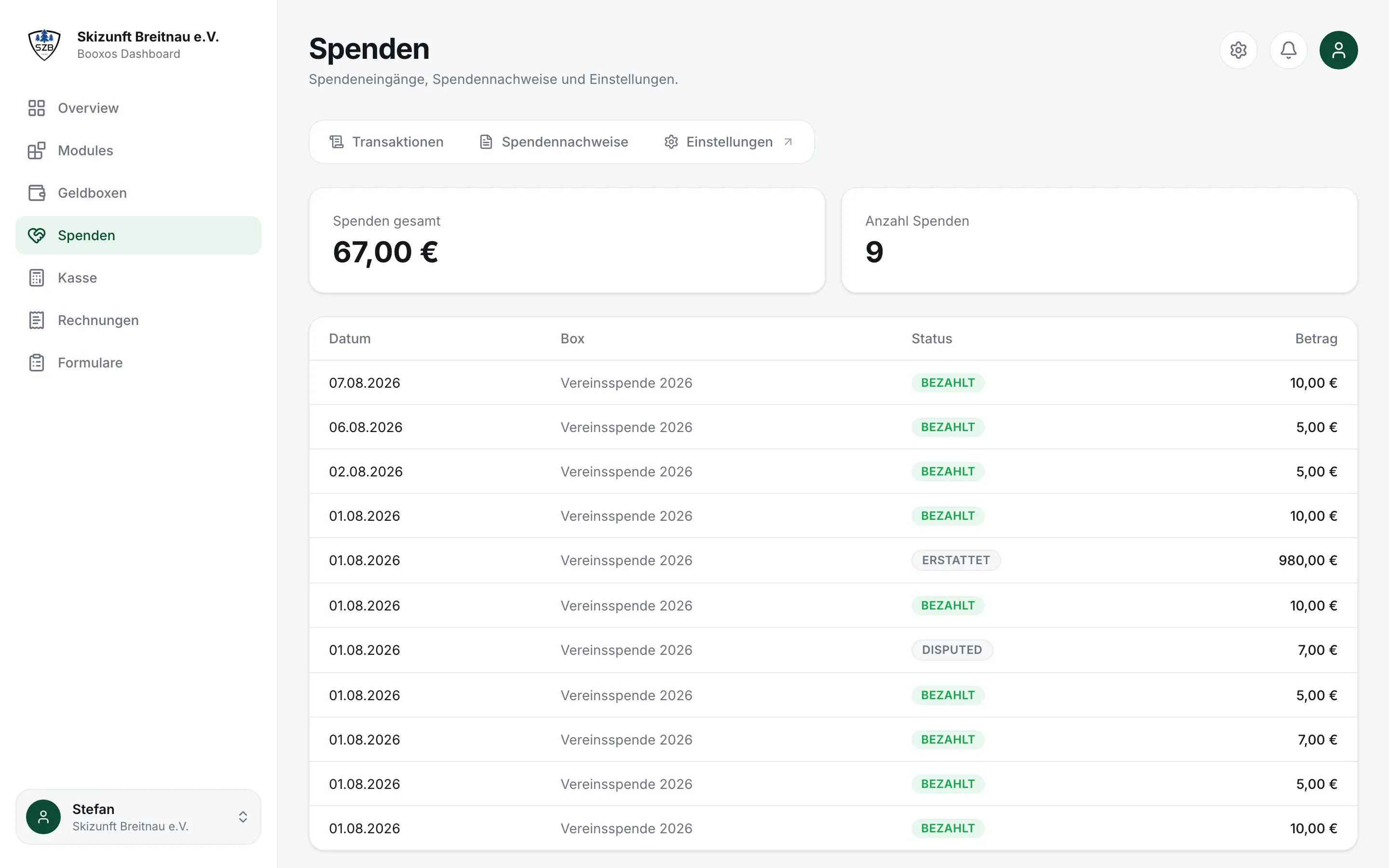 Menü Spenden mit dem Reiter Spendennachweise und dem Suchfeld