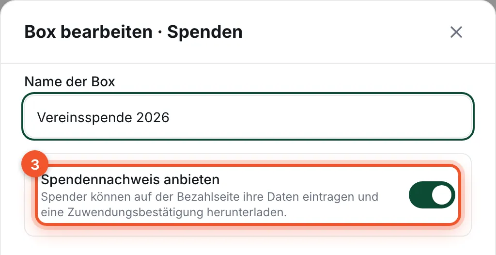 Fenster „Box bearbeiten · Spenden“ mit dem Schalter „Spendennachweis anbieten“ markiert
