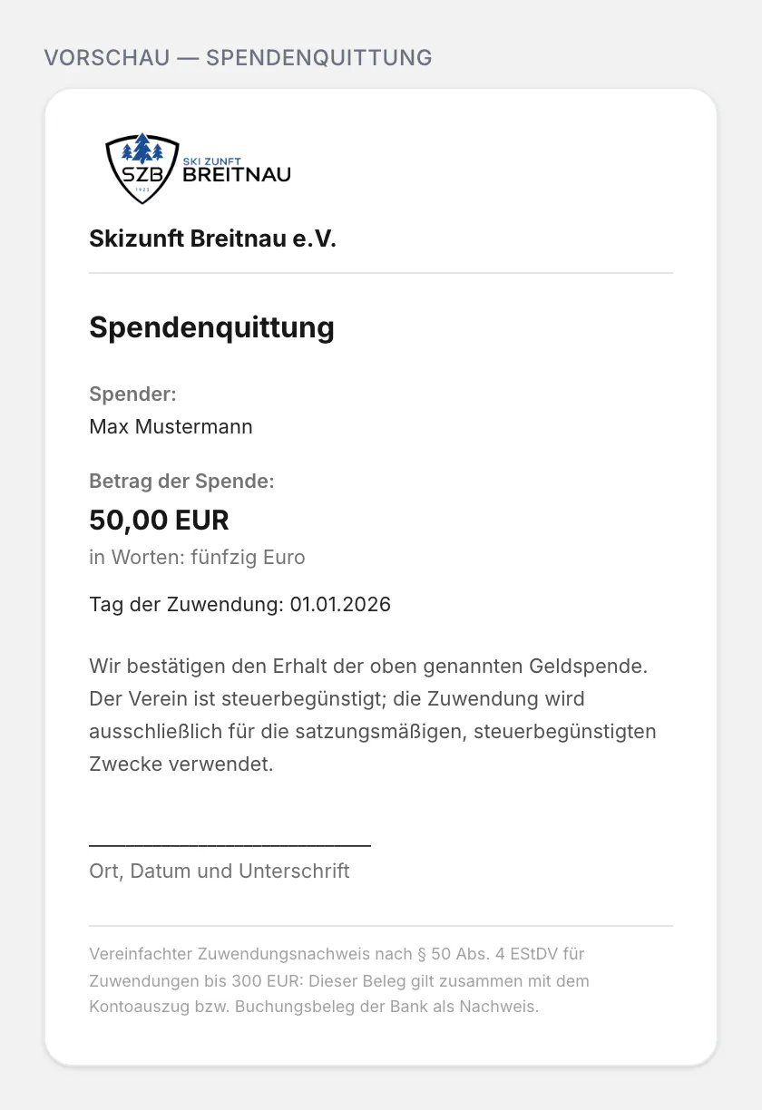 Vorschau der Spendenquittung in den Einstellungen