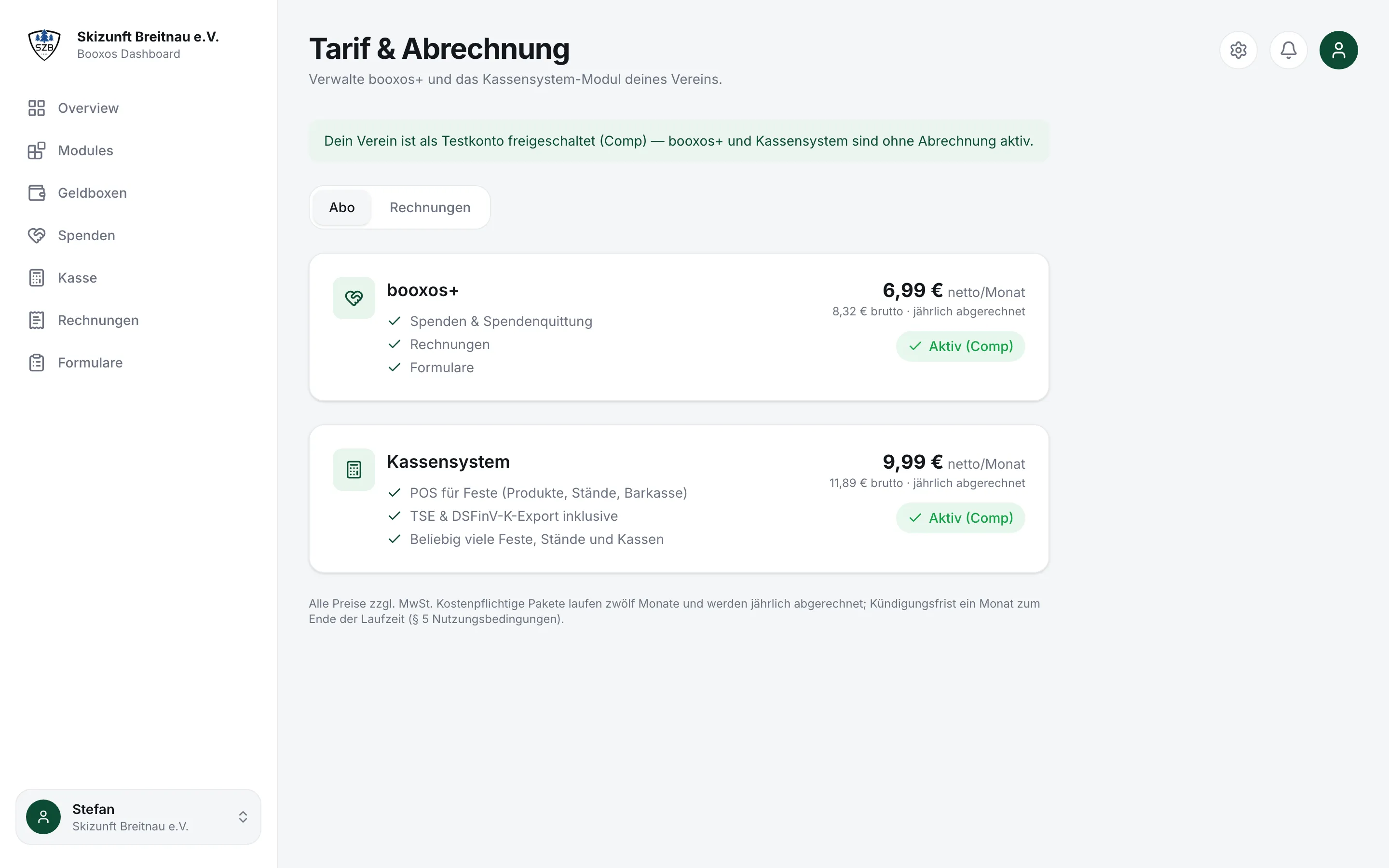 Seite „Tarif &amp; Abrechnung“ mit booxos+ und dem Kassensystem