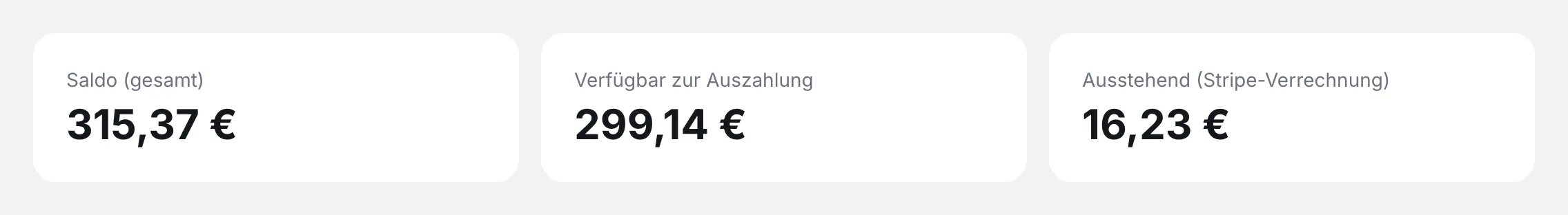 Die drei Kacheln Saldo (gesamt), Verfügbar zur Auszahlung und Ausstehend (Stripe-Verrechnung)